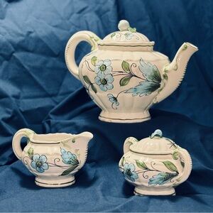 Italian Hand Painted Ceramic Tea Set (Pot Sugar Creamer) White + Blue Flowers